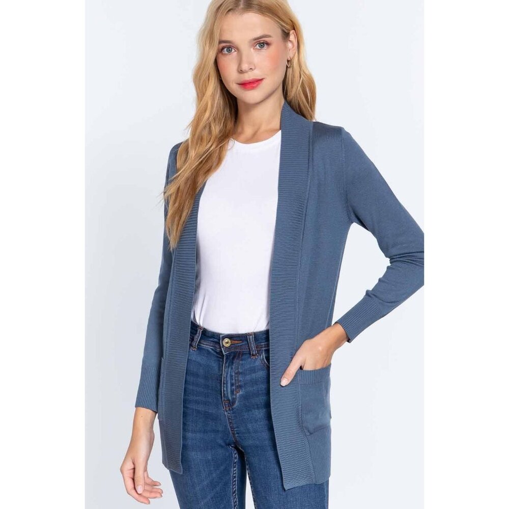 Active Basic Lightweight Open-Front Blue Cardigan With Pockets